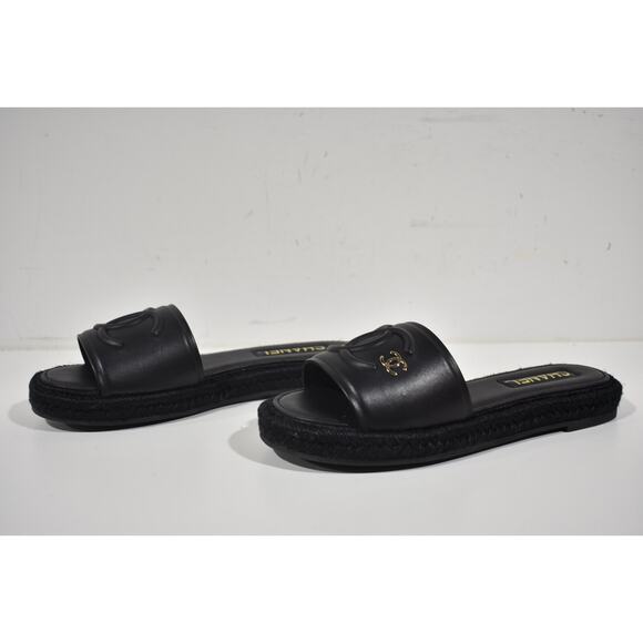 Chanel 23C Black Lambskin Leather CC Logo Slide Sandal Slip Espadrille Flat 37 - Picture 10 of 12